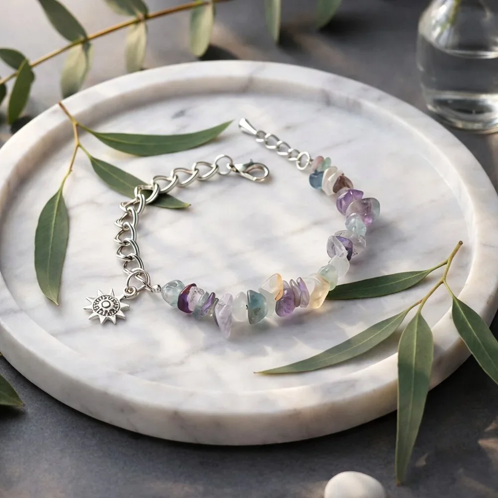 Rainbow Fluorite Silver Plated Bracelet Sun Charm Celestial Boho Crystal 7.5